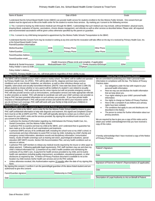 Primary Health Care, Inc. School Based Health Center Consent To Treat Form screenshot
