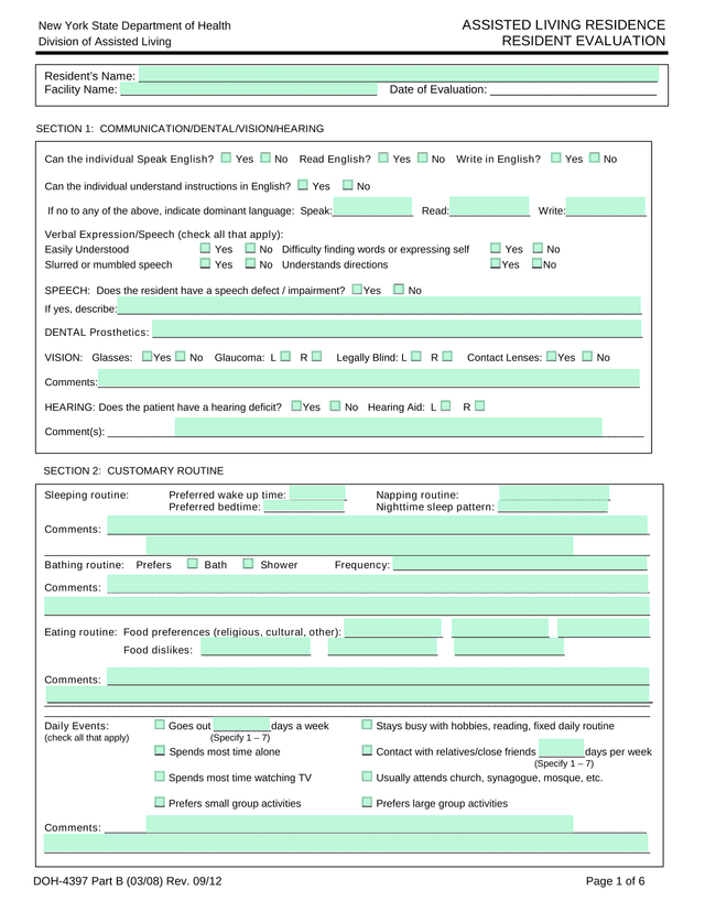 Assisted Living Residence Resident Evaluation screenshot