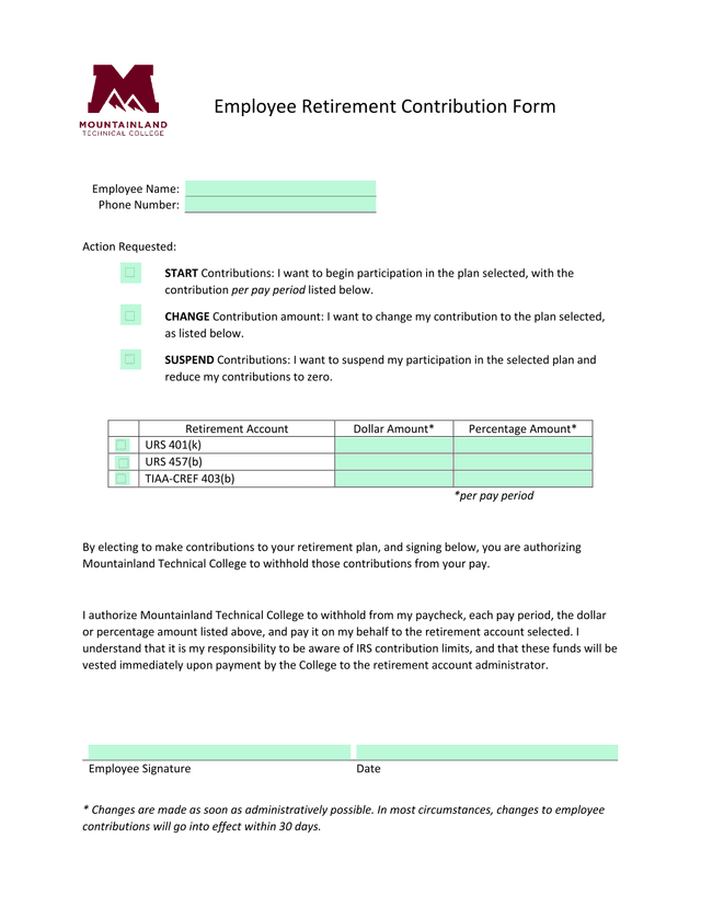 Employee Retirement Contribution Form screenshot