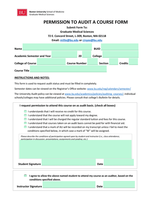 Permission To Audit A Course Form screenshot