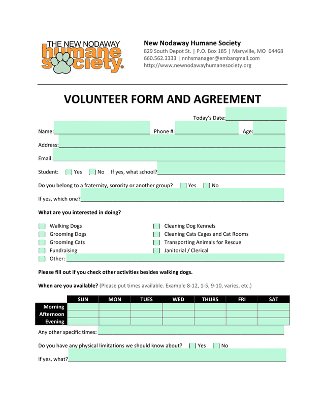 Volunteer Form And Agreement screenshot