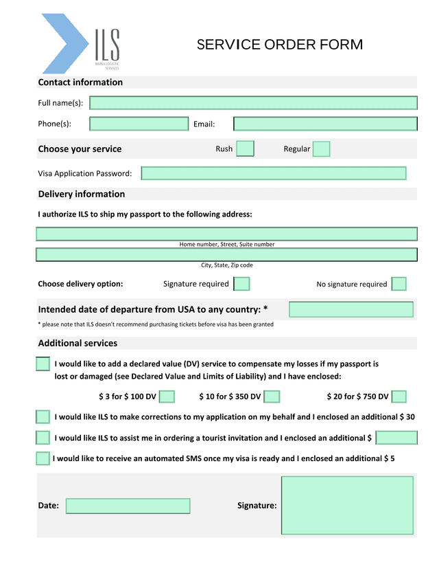 SERVICE ORDER FORM screenshot