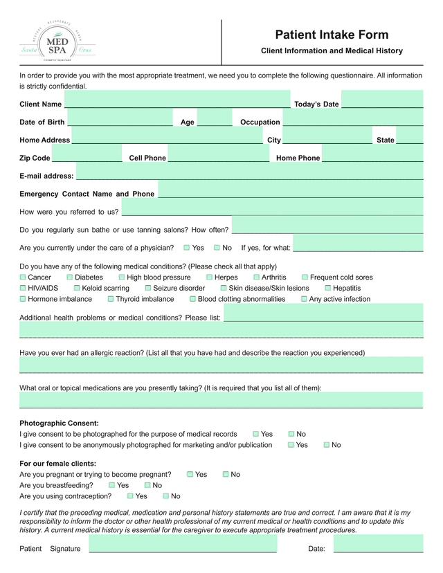 Patient Intake Form screenshot