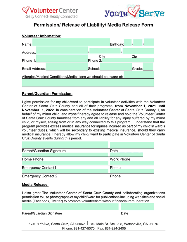YouthSERVE Volunteer Registration Form screenshot