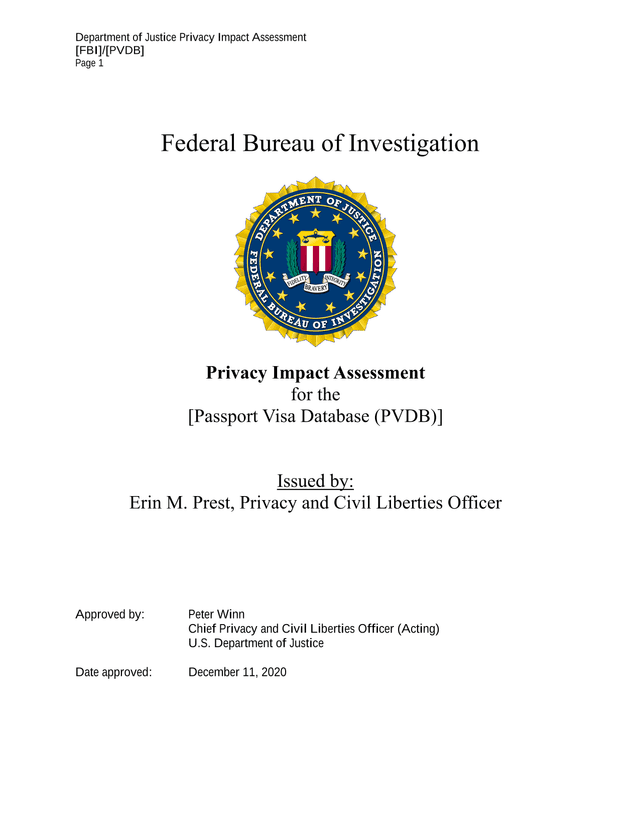 FBI Privacy Impact Assessment For Passport Visa Database (PVDB) screenshot