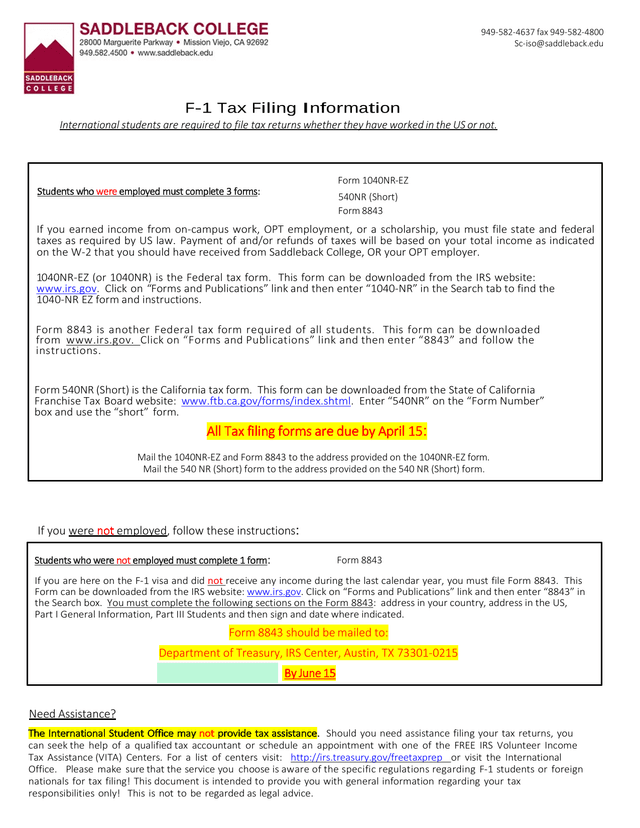 F 1 Tax Filing Information screenshot