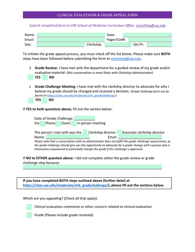 Clinical Evaluation  Grade Appeal Form screenshot