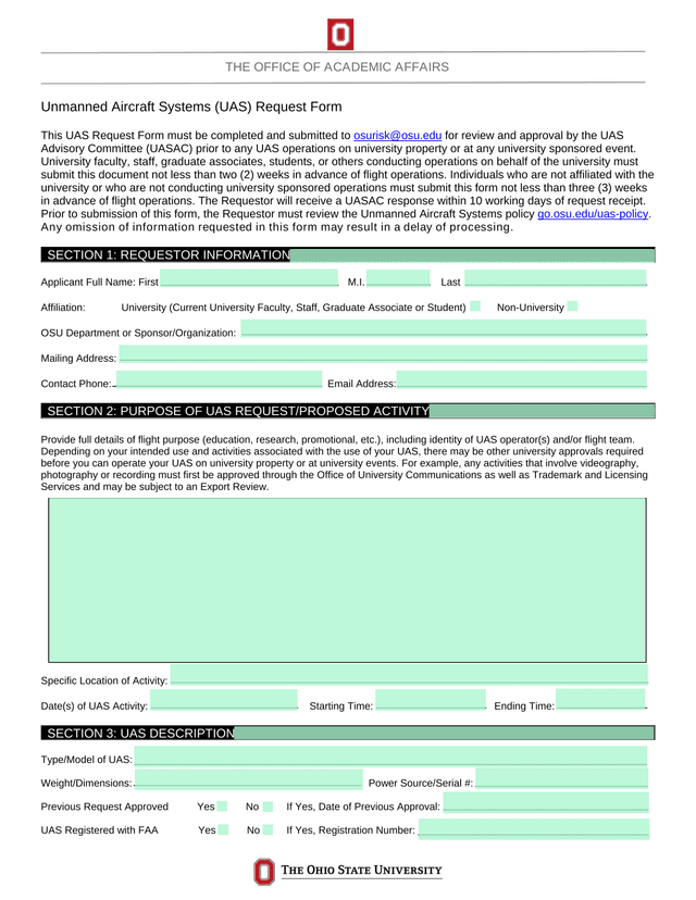 Unmanned Aircraft Systems (UAS) Request Form screenshot