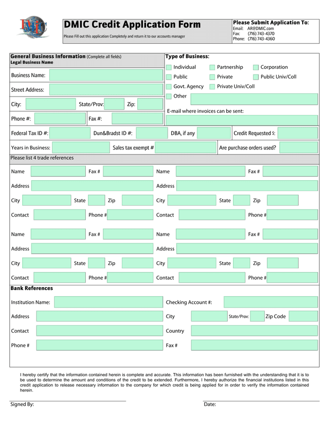 DMIC Credit Application Form screenshot