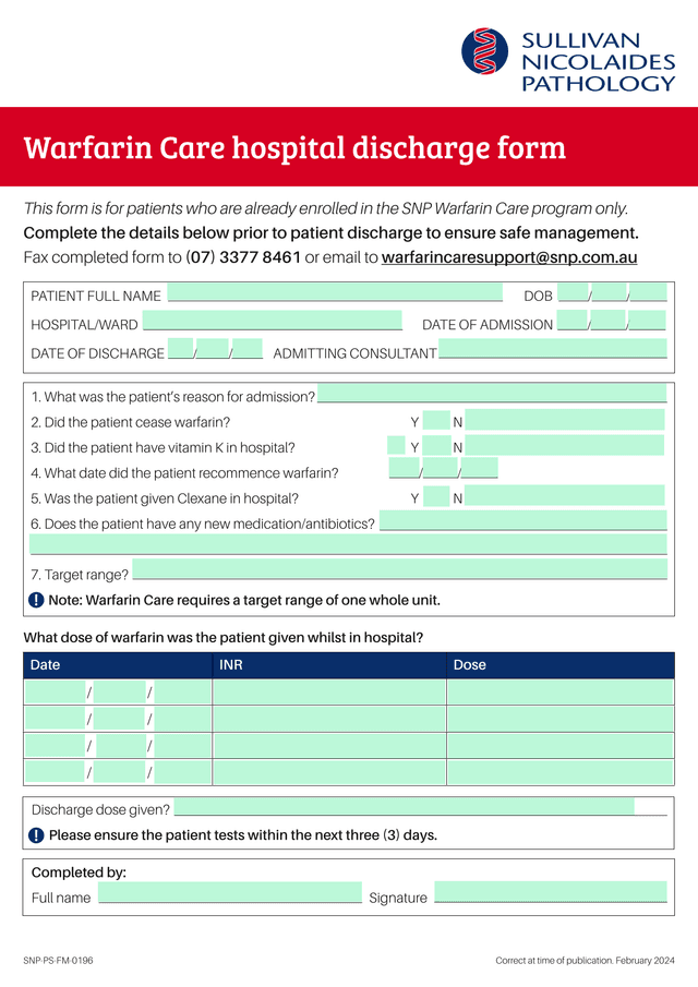 Warfarin Care Hospital Discharge Form screenshot