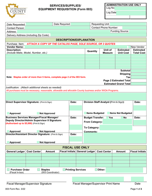 SERVICESSUPPLIESEQUIPMENT REQUISITION (Form 003) screenshot