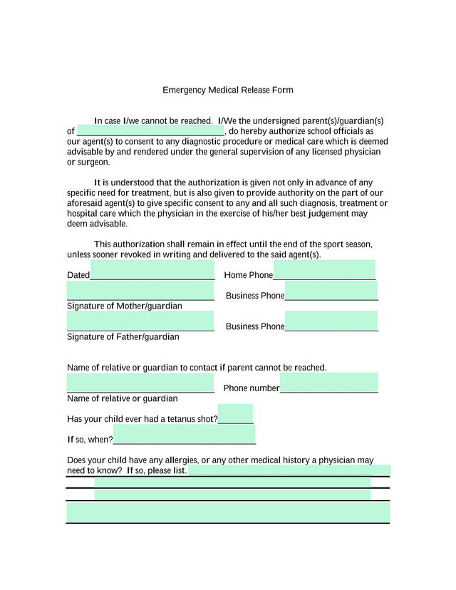 Emergency Medical Release Form screenshot