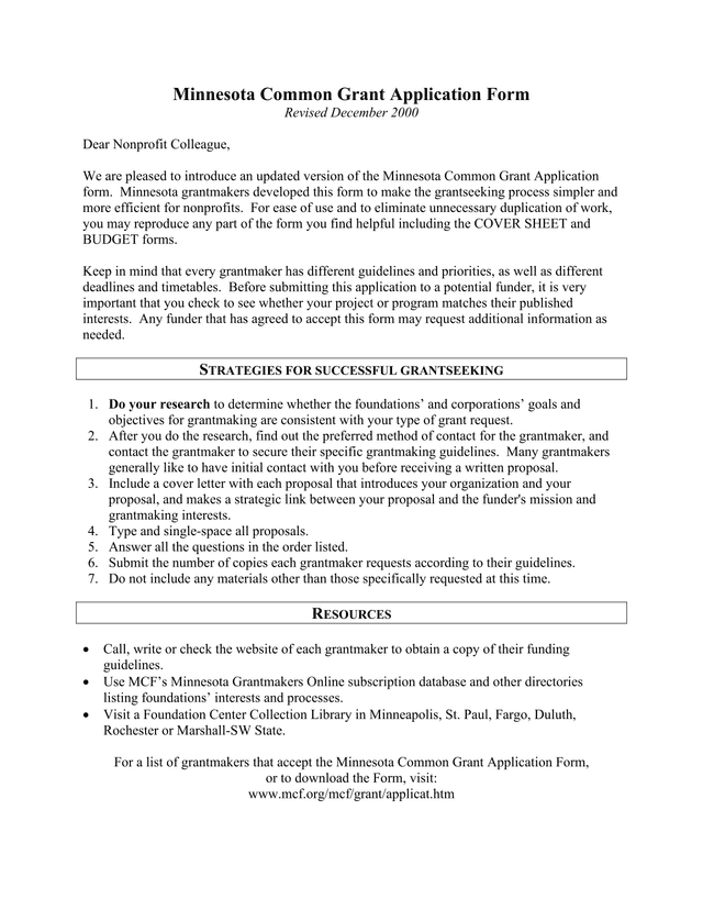 Minnesota Common Grant Application Form screenshot