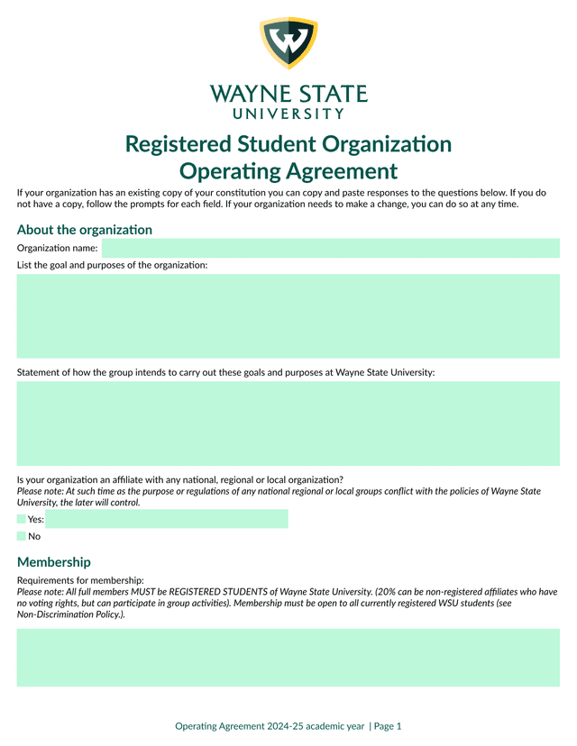 Registered Student Organization Operating Agreement screenshot