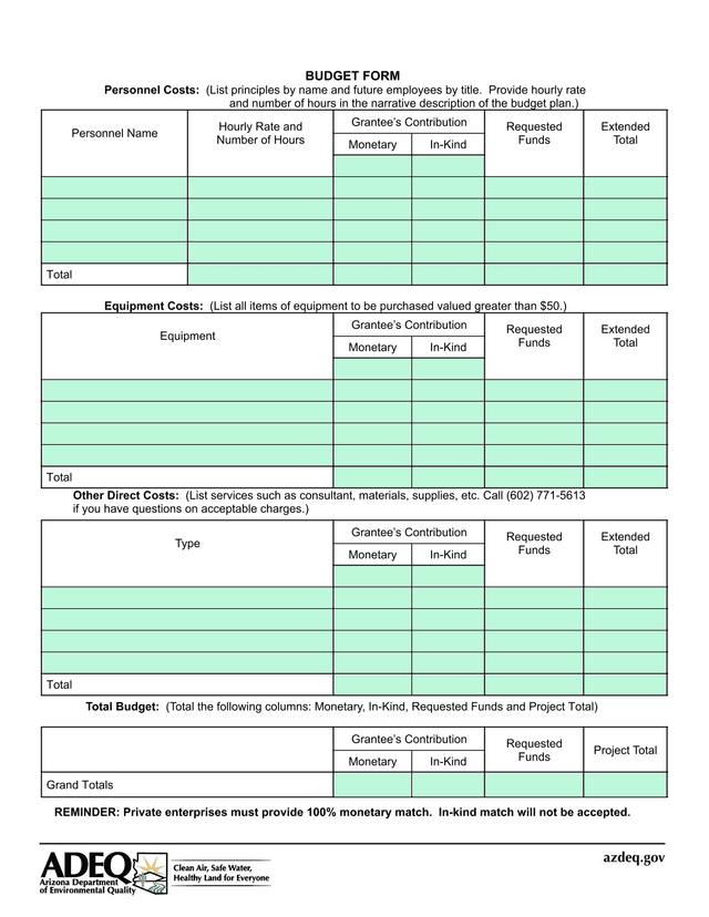 BUDGET FORM screenshot