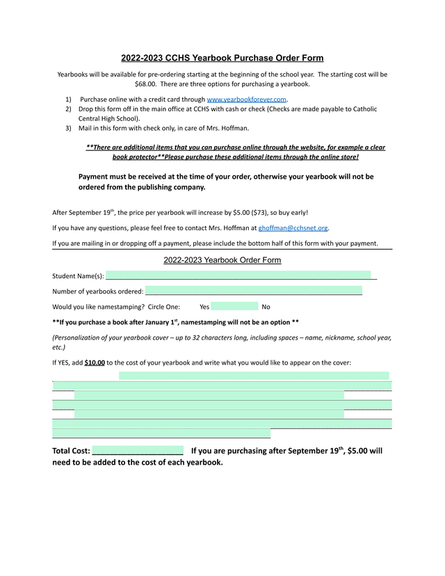 2022 2023 CCHS Yearbook Purchase Order Form screenshot