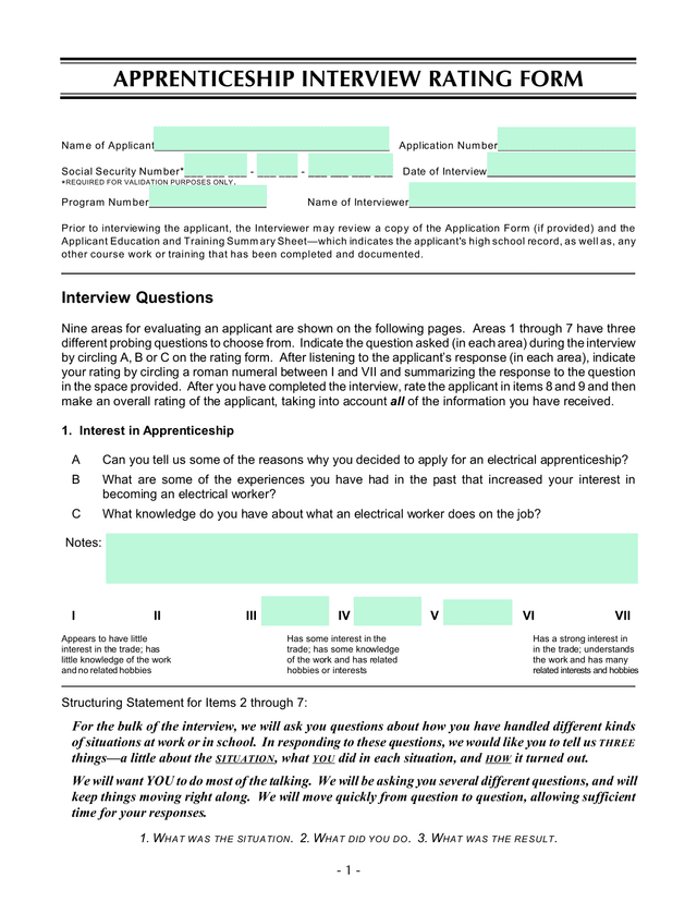 Apprenticeship Interview Rating Form screenshot