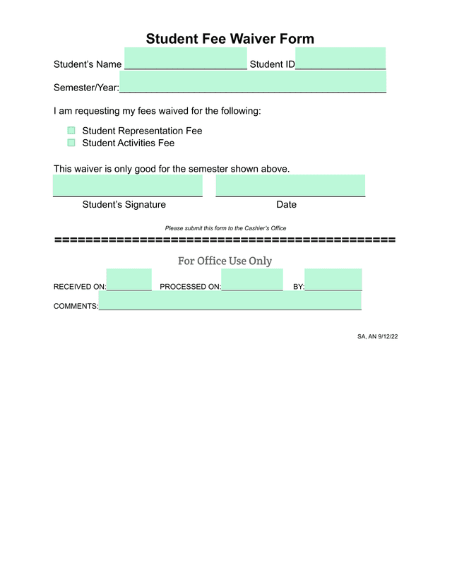 Student Fee Waiver Form screenshot