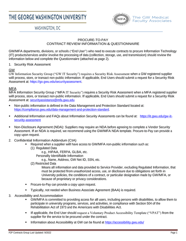 PROCURE TO PAY CONTRACT REVIEW INFORMATION  QUESTIONNAIRE screenshot