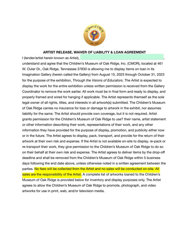Artist Release, Waiver Of Liability  Loan Agreement screenshot