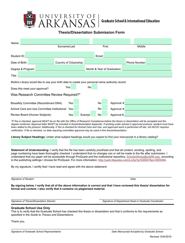 ThesisDissertation Submission Form screenshot
