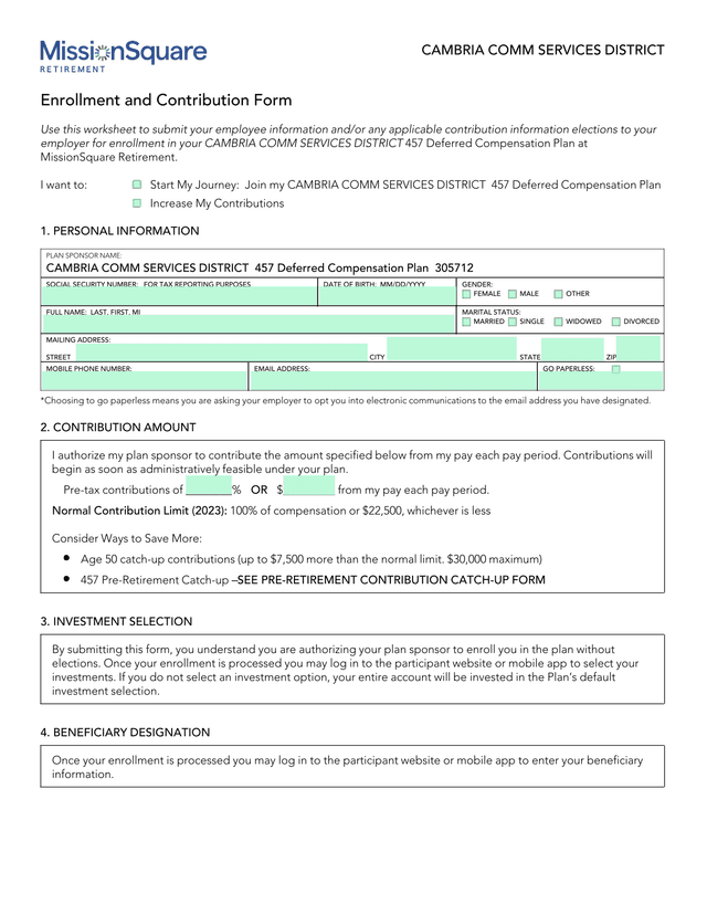 Cambria Comm Services District Enrollment And Contribution Form screenshot