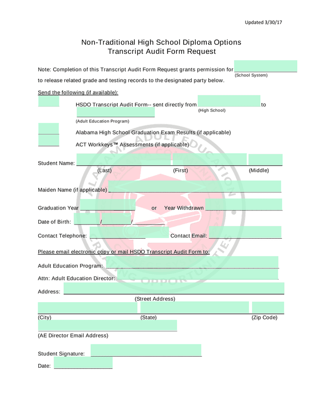 Non Traditional High School Diploma Options Transcript Audit Form Request screenshot