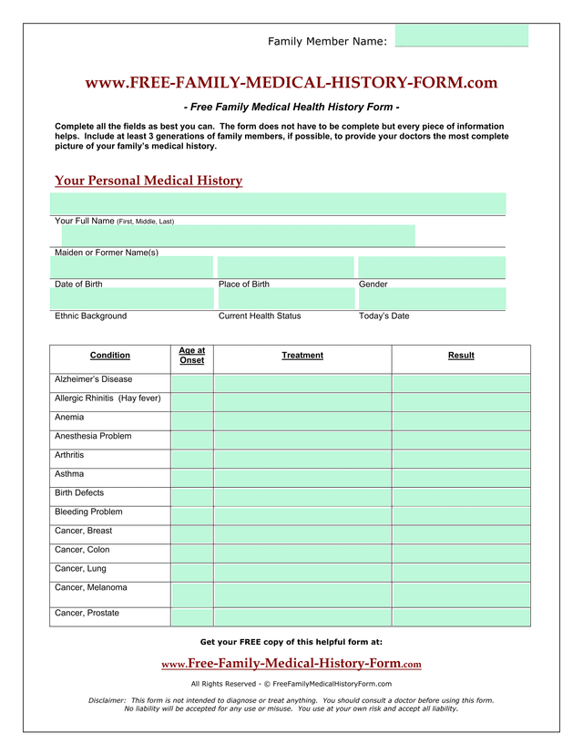 Free Family Medical Health History Form screenshot