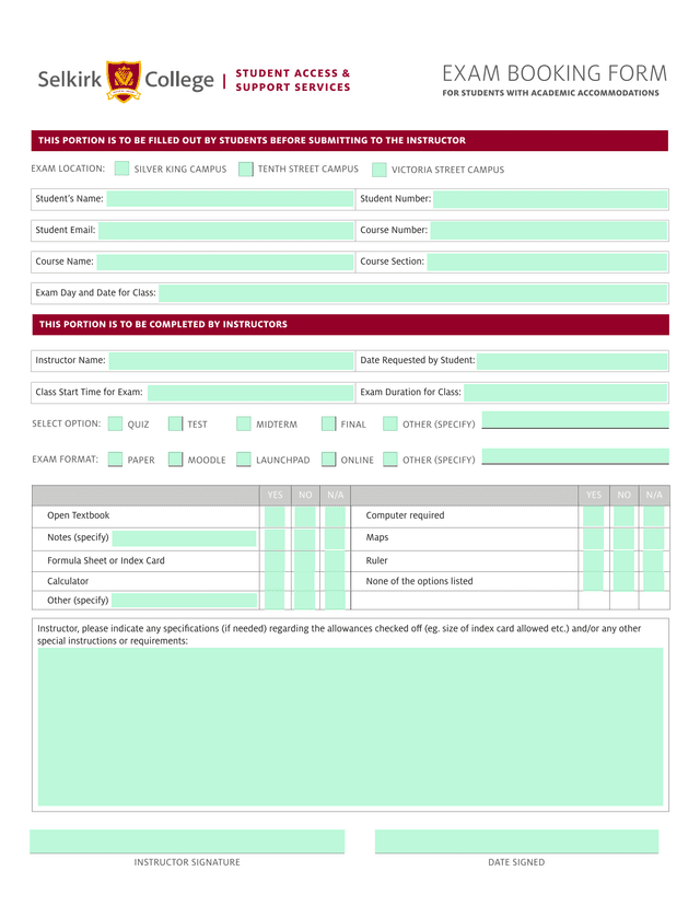 Exam Booking Form For Students With Academic Accommodations screenshot