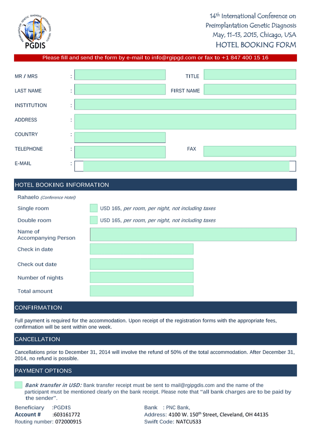 14th International Conference On Preimplantation Genetic Diagnosis   Hotel Booking Form screenshot