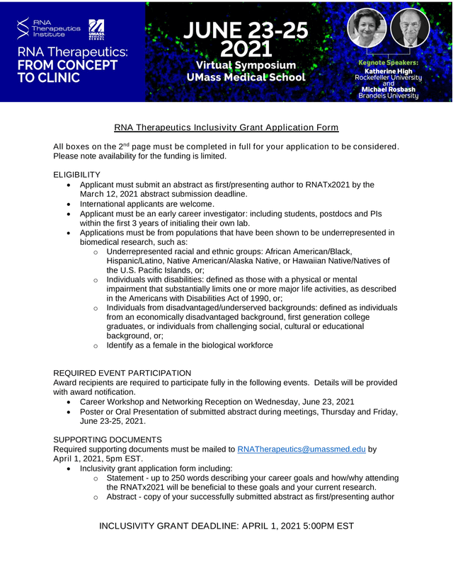 RNA Therapeutics Inclusivity Grant Application Form screenshot