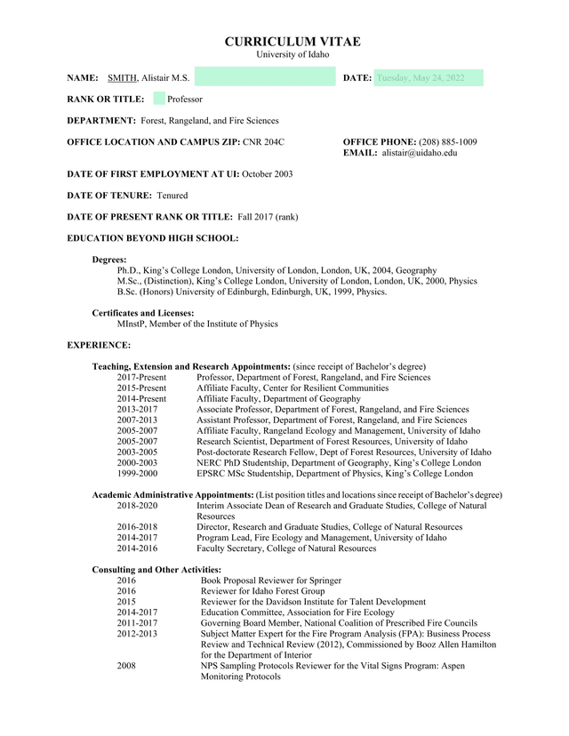 Curriculum Vitae   Alistair M. Smith screenshot