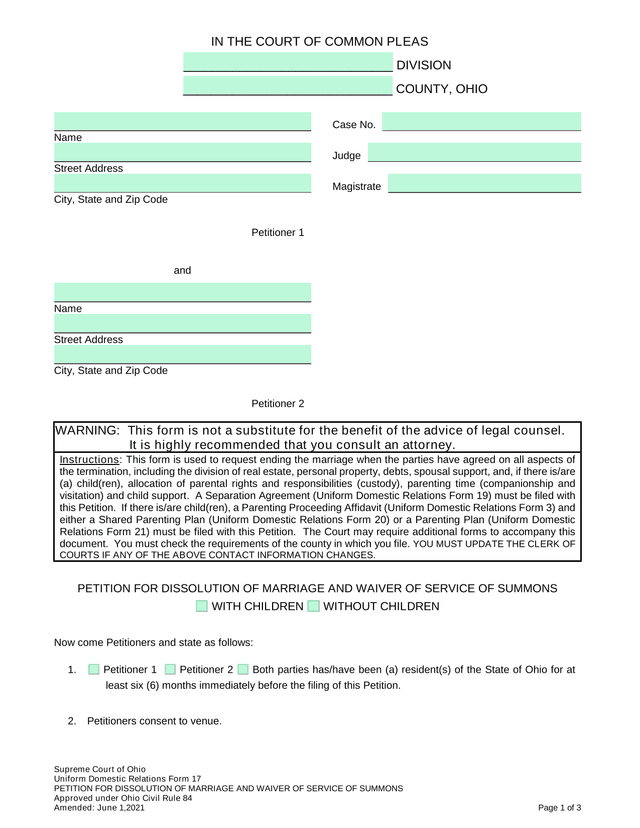 Uniform Domestic Relations Form 17   Petition For Dissolution Of Marriage And Waiver Of Service Of S screenshot