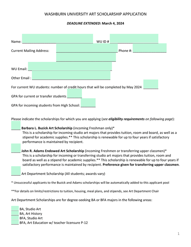 Washburn University Art Scholarship Application screenshot