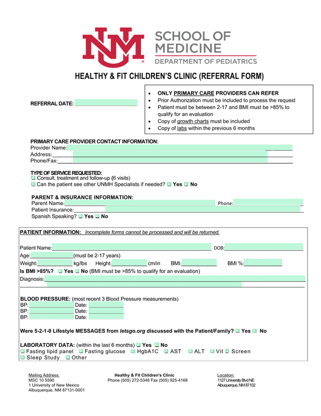 Healthy  Fit ChildrenS Clinic (Referral Form) screenshot