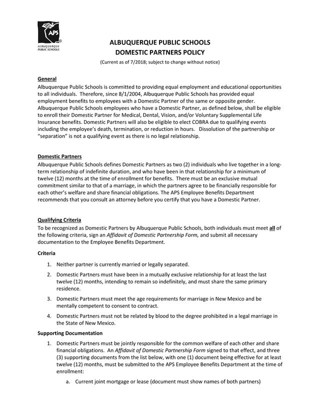 Albuquerque Public Schools Domestic Partners Policy screenshot