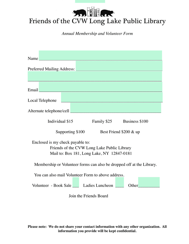 Friends Of The CVW Long Lake Public Library Annual Membership And Volunteer Form screenshot