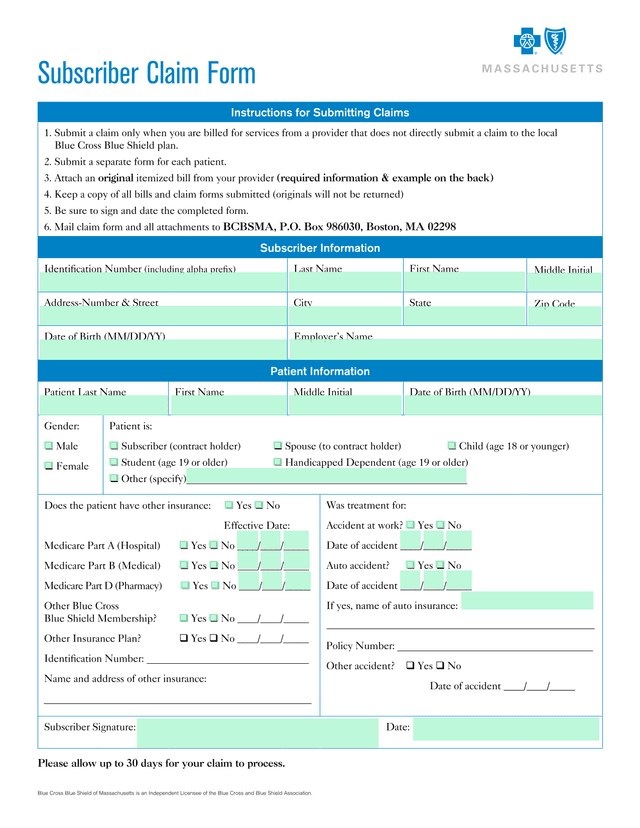 Subscriber Claim Form screenshot