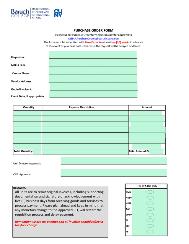 Purchase Order Form screenshot