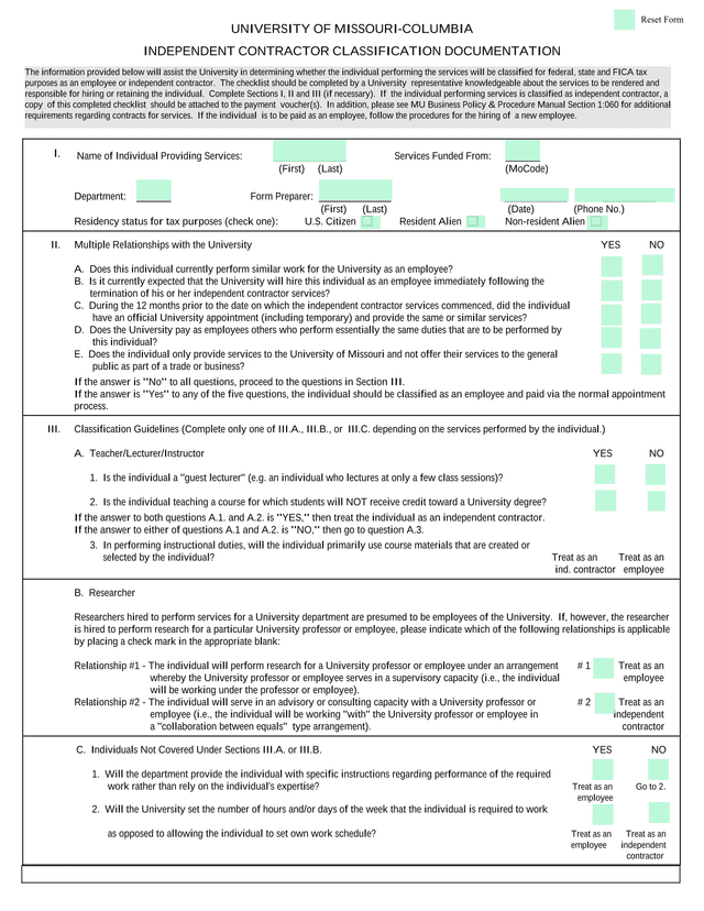 Independent Contractor Classification Documentation screenshot