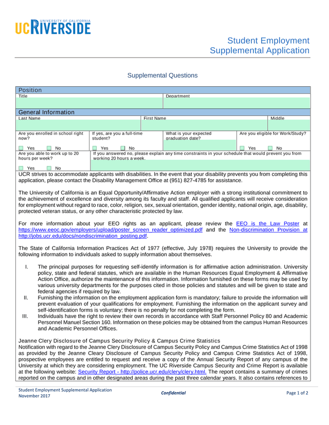 Student Employment Supplemental Application screenshot