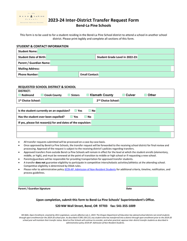2023 24 Inter District Transfer Request Form screenshot