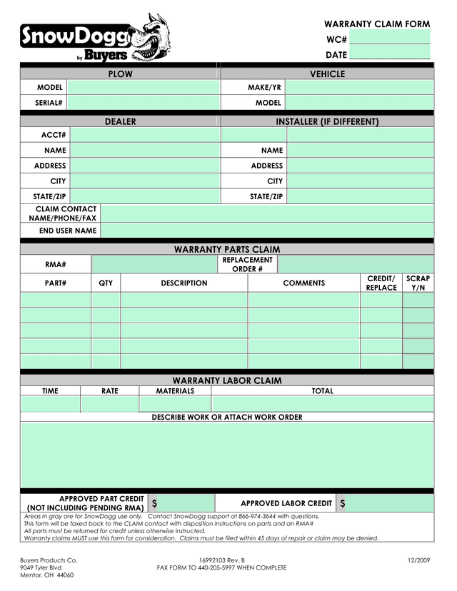 WARRANTY CLAIM FORM screenshot
