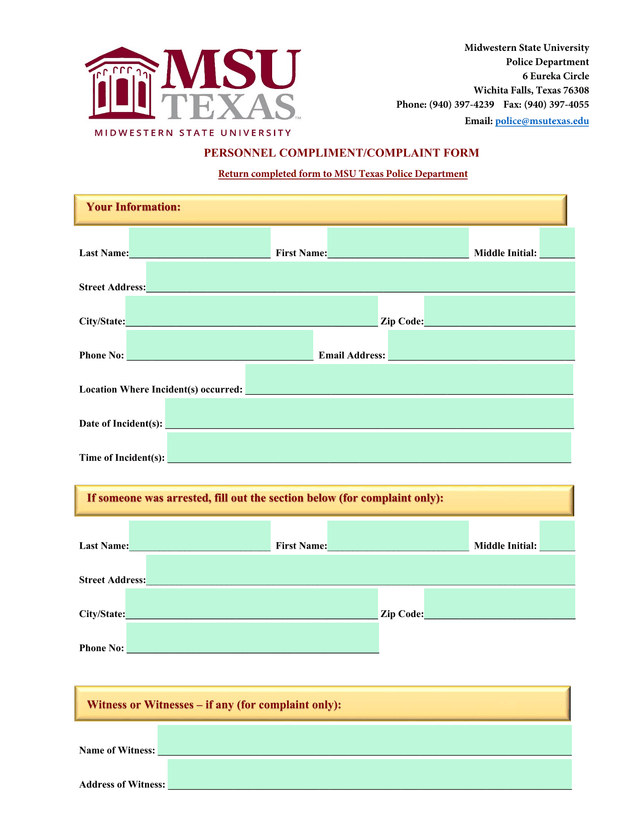 PERSONNEL COMPLIMENTCOMPLAINT FORM screenshot