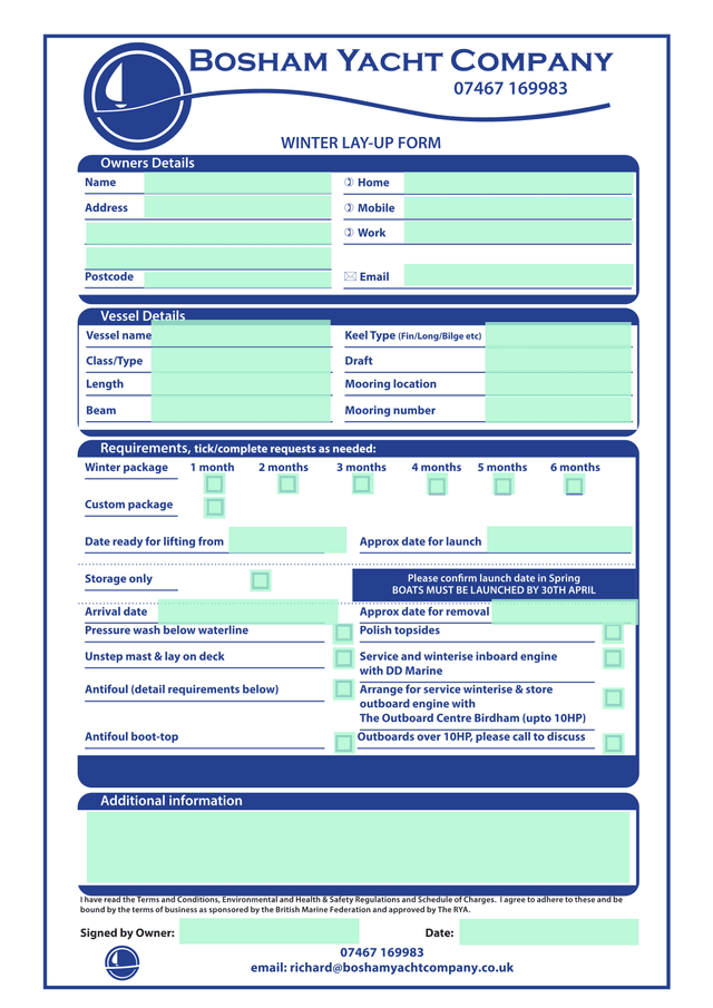 Bosham Yacht Company Winter Lay Up Form screenshot
