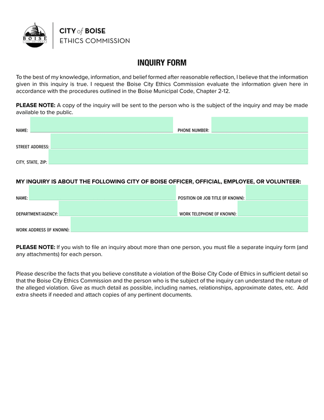 Inquiry Form screenshot