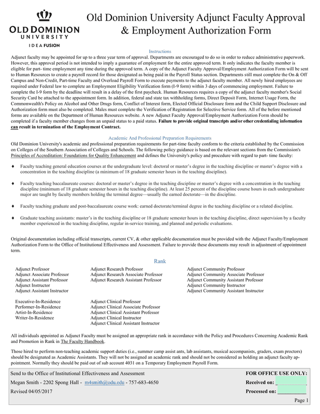 Old Dominion University Adjunct Faculty Approval  Employment Authorization Form screenshot