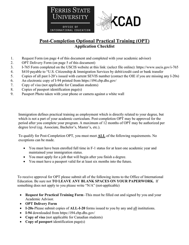 Post Completion Optional Practical Training (OPT) Application Checklist screenshot