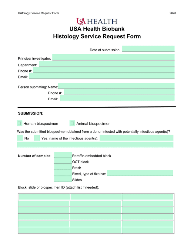 Histology Service Request Form screenshot