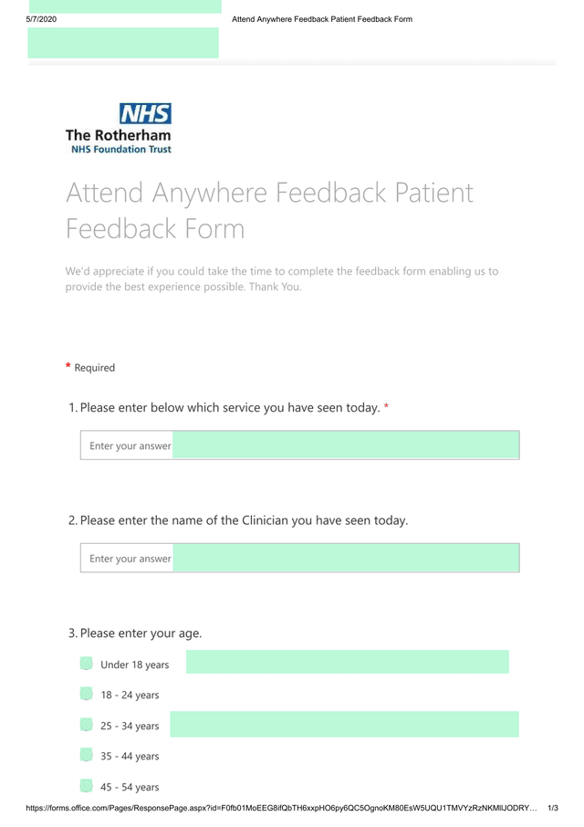 Attend Anywhere Feedback Patient Feedback Form screenshot
